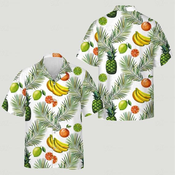 A vibrant Hawaiian shirt for women nearby featuring pineapples, bananas, and green leaves