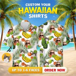 Hawaiian shirts for women nearby with bananas, oranges, palm leaves, cats, and faces in sunglasses