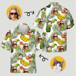 hawaiian shirts for women nearby with sunglasses, cat, fruits, and foliage print