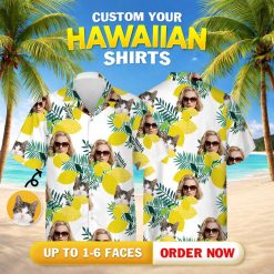 Hawaiian shirts for women featuring playful cat faces, sunglasses, citrus fruits, and tropical leaves