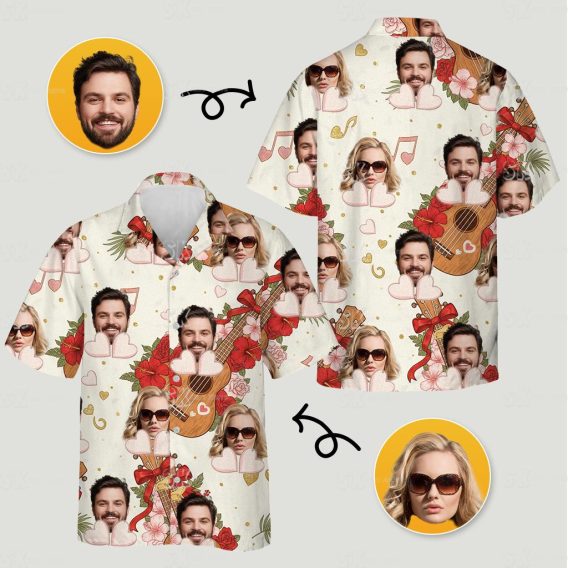 His and hers matching Hawaiian clothes featuring two people surrounded by hearts and festive patterns