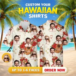 His and hers matching Hawaiian clothes with personalized faces, red hibiscus, roses, ukuleles, and hearts