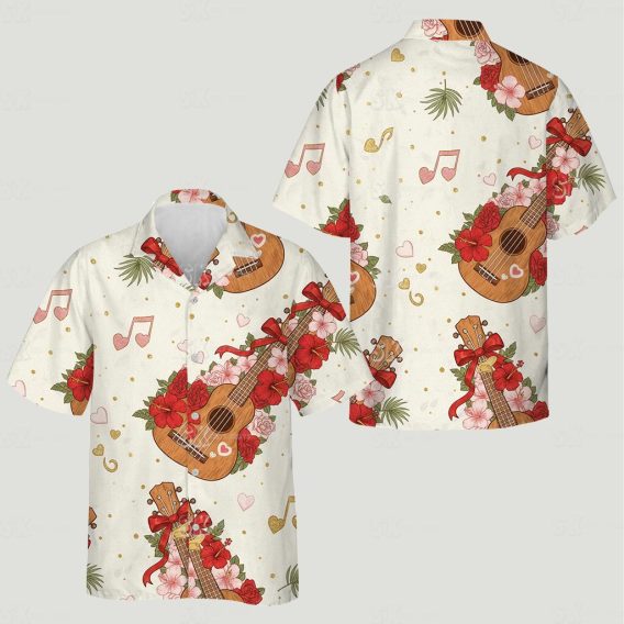 His and hers matching Hawaiian clothes featuring guitars, flowers, green leaves, musical notes and gold dots
