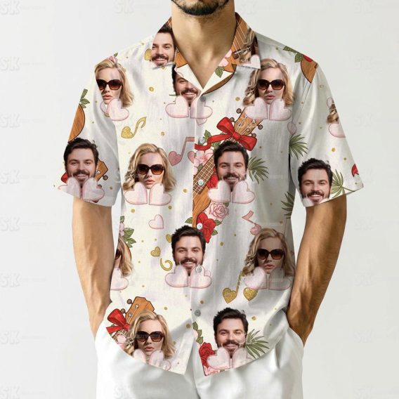 His and hers matching Hawaiian clothes with man and woman faces, guitars, hearts, and palm leaves