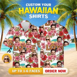Matching couples Hawaiian shirts with custom faces, sunglasses, hibiscus flowers, and LOVE text