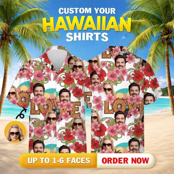 Matching couples Hawaiian shirts with custom faces, sunglasses, hibiscus flowers, and LOVE text