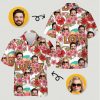 Matching couples Hawaiian shirts with faces, flowers, LOVE text, and lively patterns