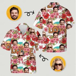Matching couples Hawaiian shirts with faces, flowers, LOVE text, and lively patterns