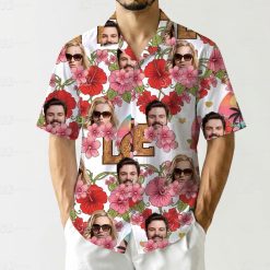 Matching couples Hawaiian shirts with red and pink flowers, faces, palm trees, and LOVE text