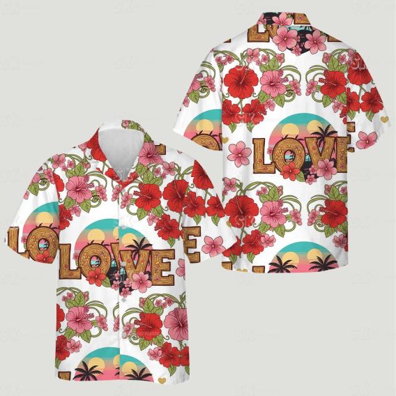 Matching couples Hawaiian shirts with vibrant hibiscus flowers, green leaves, and LOVE text