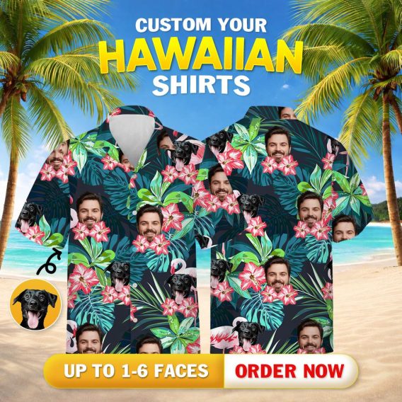 Matching dog and owner Hawaiian shirts with tropical leaves, pink flowers, and custom faces