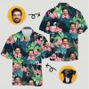 Matching dog and owner Hawaiian shirts with dog and man faces and tropical floral design