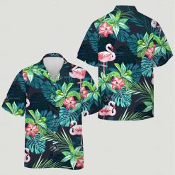 Matching dog and owner Hawaiian shirts with tropical leaves, flamingos, and hibiscus flowers