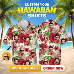Matching Hawaiian outfits for couples with red flowers, green leaves, faces