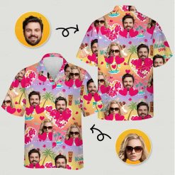 Matching Hawaiian shirts for couples feature faces, pink hearts, palm trees, florals, and a hula dancer
