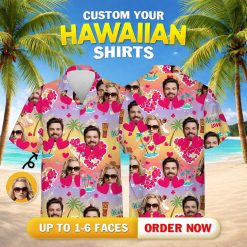 Matching Hawaiian shirts for couples with faces, sunglasses, pink hearts, palm trees, and aloha phrase
