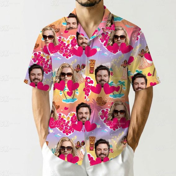 matching hawaiian shirts for couples with faces, pink hearts, and tropical motifs