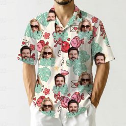 matching hawaiian shirts for couples with cartoon faces, sunglasses, crabs, green leaves, and pink flowers