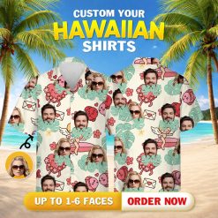 Matching Hawaiian shirts for couples featuring cartoon faces, hearts, flowers, and palm leaves