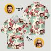Matching hawaiian shirts for couples featuring faces with sunglasses, pink crabs, leaves, and flowers