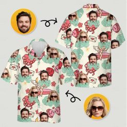 Matching hawaiian shirts for couples featuring faces with sunglasses, pink crabs, leaves, and flowers