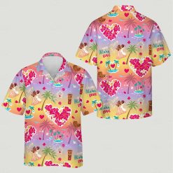 Matching Hawaiian shirts for couples with hearts, flowers, dancers, palm trees, and tiki figures