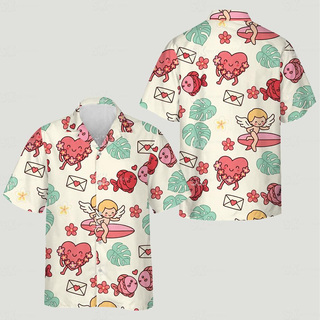 Matching Hawaiian shirts for couples featuring cherubs, hearts, flowers, and happy fish in pastel colors