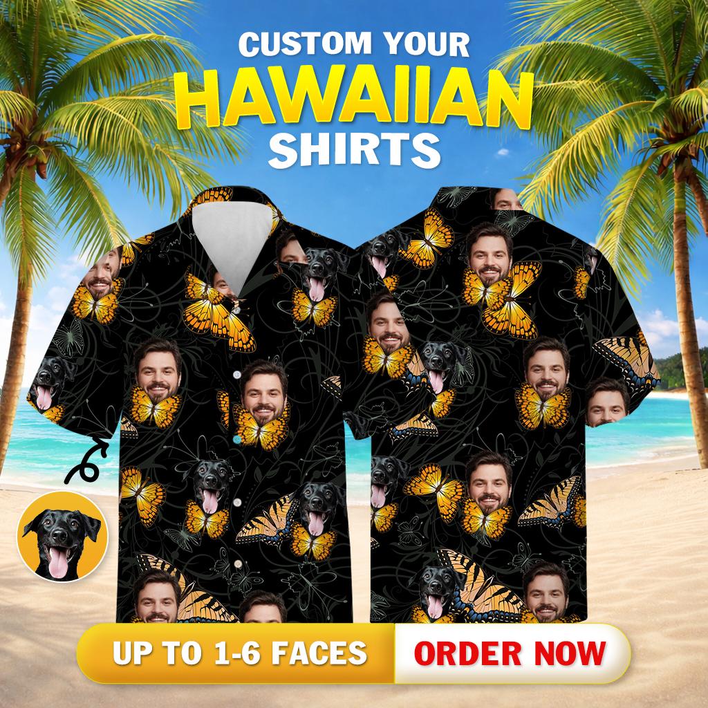 Mens big and tall Hawaiian shirts with faces, dogs, and yellow butterflies on black fabric