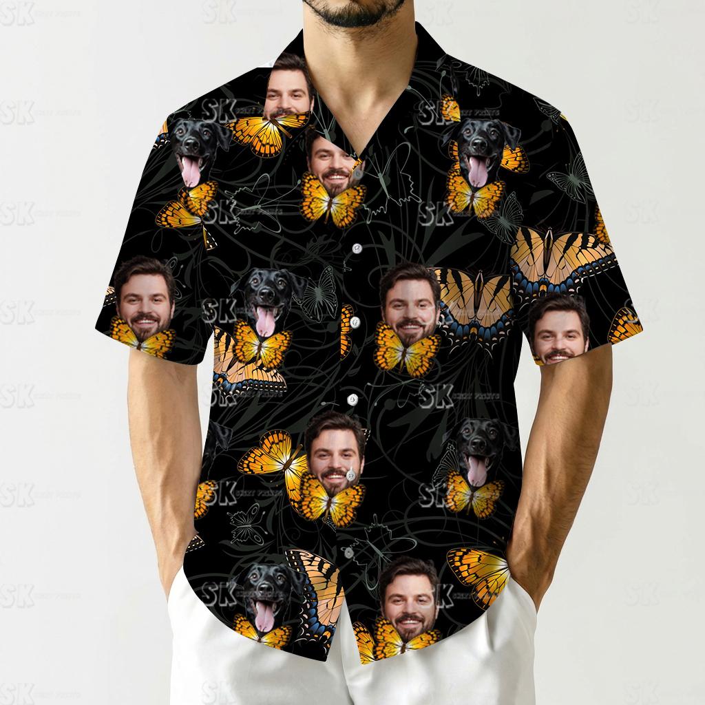 mens big and tall hawaiian shirts featuring orange butterflies, man faces, and black dog faces on a dark leaf pattern