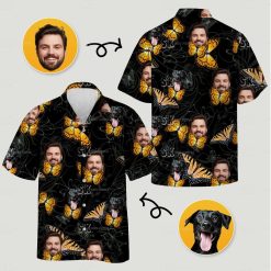 mens big and tall hawaiian shirts with yellow butterflies, faces, and black dog print