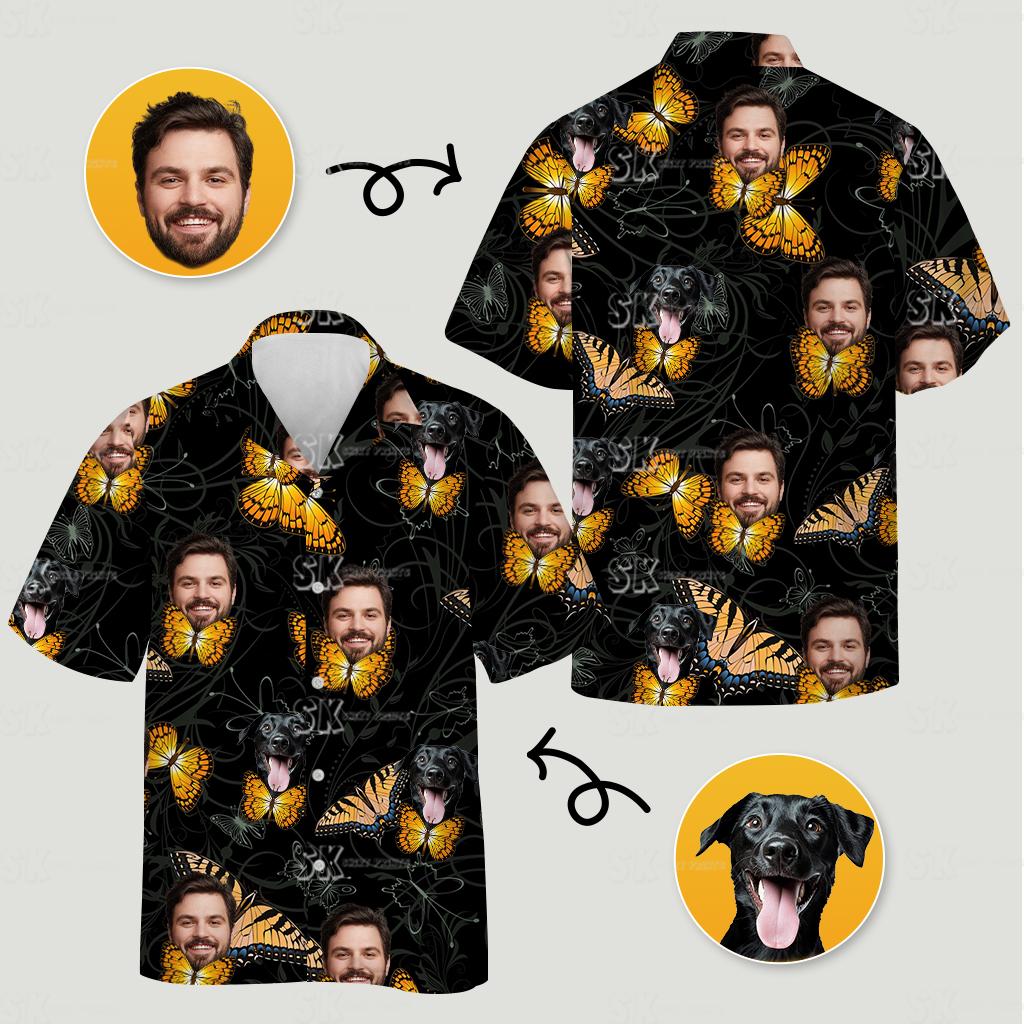 mens big and tall hawaiian shirts with yellow butterflies, faces, and black dog print