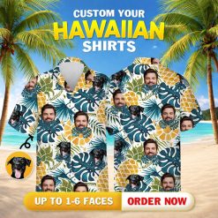 Mens funny hawaiian shirts with dog and person faces, pineapples, and tropical leaves