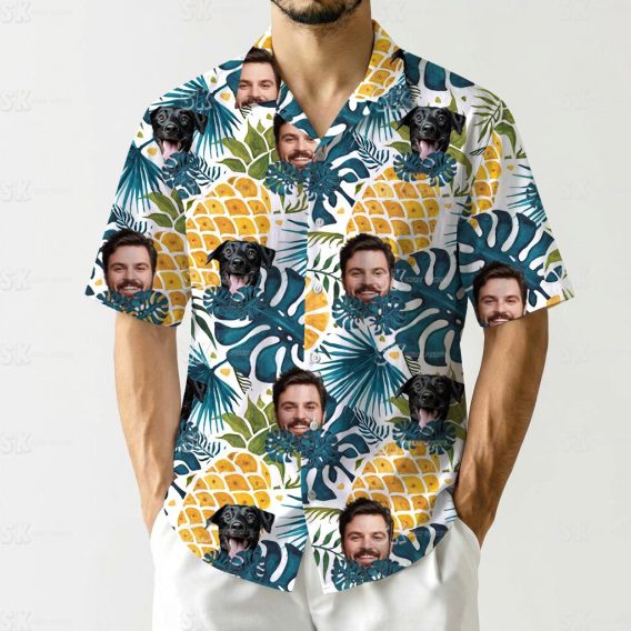 Mens funny Hawaiian shirt with dog faces, human faces, tropical leaves, and yellow pineapples