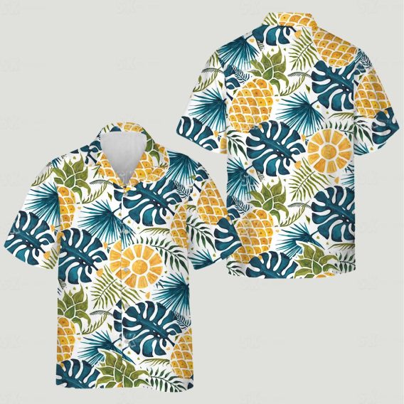 Mens funny Hawaiian shirts with pineapples, monstera leaves, ferns and orange citrus on blue