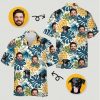 Mens funny hawaiian shirts with tropical leaves, yellow fruit, and faces of a man and black dog