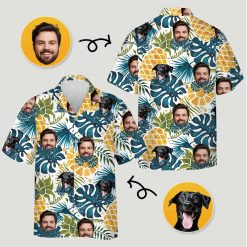 Mens funny hawaiian shirts with tropical leaves, yellow fruit, and faces of a man and black dog