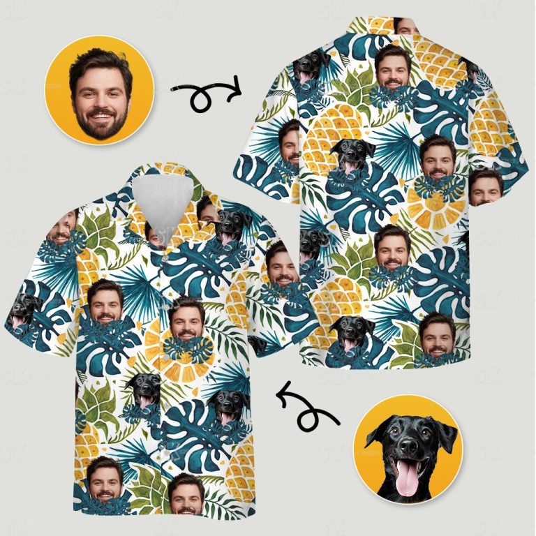 Custom face Hawaiian shirts mens tropical monstera pet photo funny button up