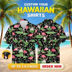 Mens hawaiian shirts flamingo pattern with pink flamingos, tropical leaves, cat and dog faces