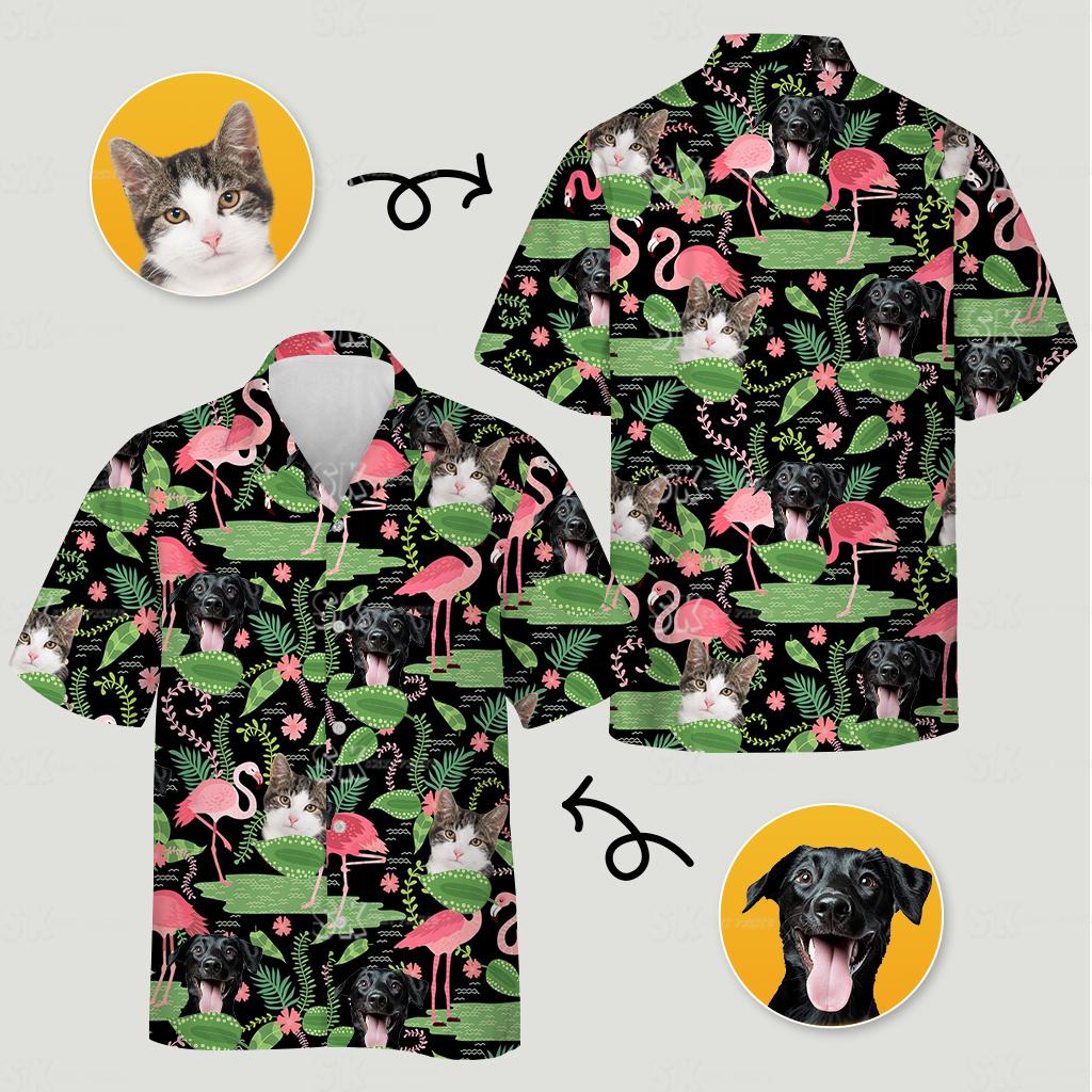 Mens hawaiian shirts flamingo design with dogs, cats, pink flamingos, and green leaves on black.
