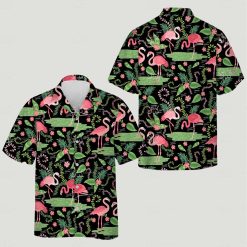 Mens Hawaiian shirts flamingo pattern, pink flamingos, green leaves, and pink flowers shown