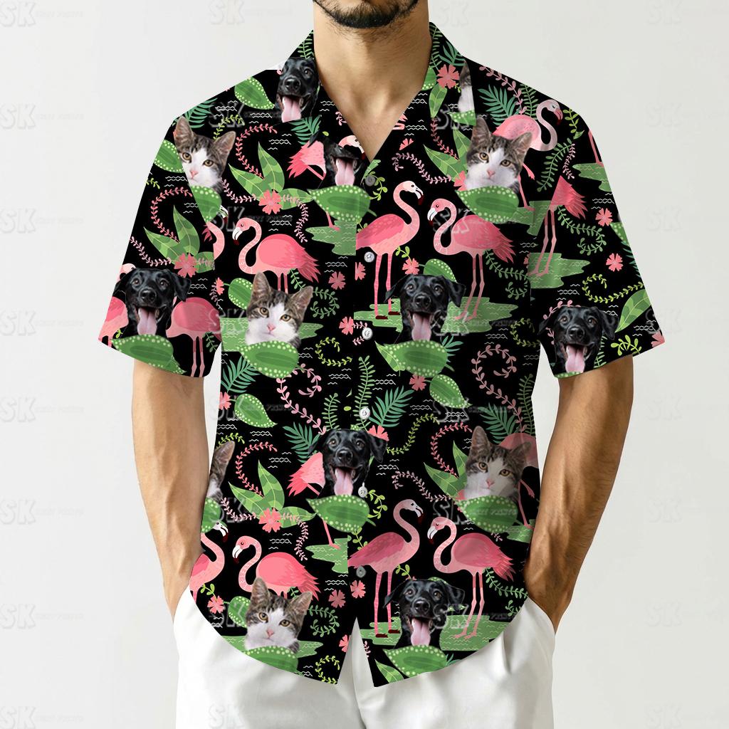 Mens hawaiian shirts flamingo pattern with cats, dogs, pink flowers, and green leaves