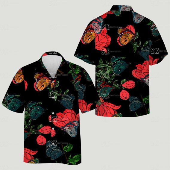 Mens Hawaiian shirts near me featuring blue butterflies, red flowers, and green leaves on black fabric