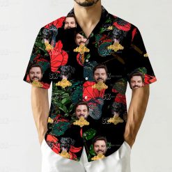 Mens Hawaiian shirts near me featuring dog and man's faces with colorful tropical leaf pattern