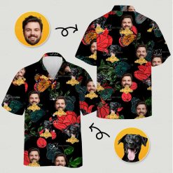 mens hawaiian shirts near me with faces, dogs, red roses, and colorful butterflies on black fabric