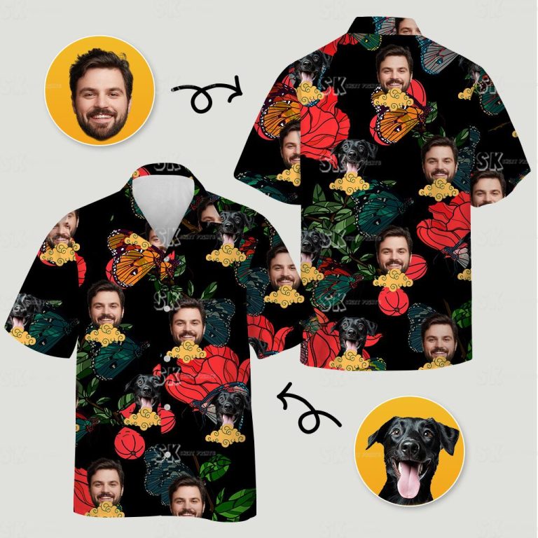 Custom Face Hawaiian Shirt with Dogs, Butterflies and Tropical Flowers