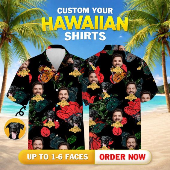 mens hawaiian shirts near me with man's face, dog, butterflies, hibiscus on black