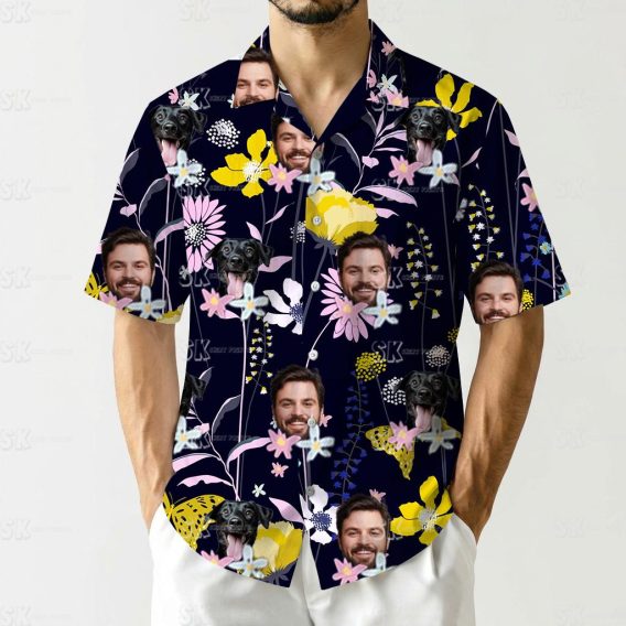 Mens tropical shirts with bright flowers, black dog faces, and a man's face on navy fabric
