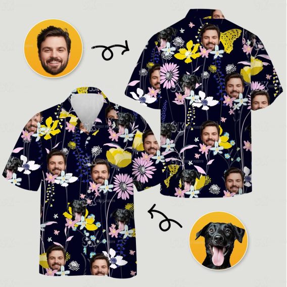 Mens tropical shirt with vibrant floral pattern, butterflies, and dog and man faces