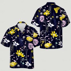 Mens tropical shirt featuring colorful floral design with large flowers and tropical leaves