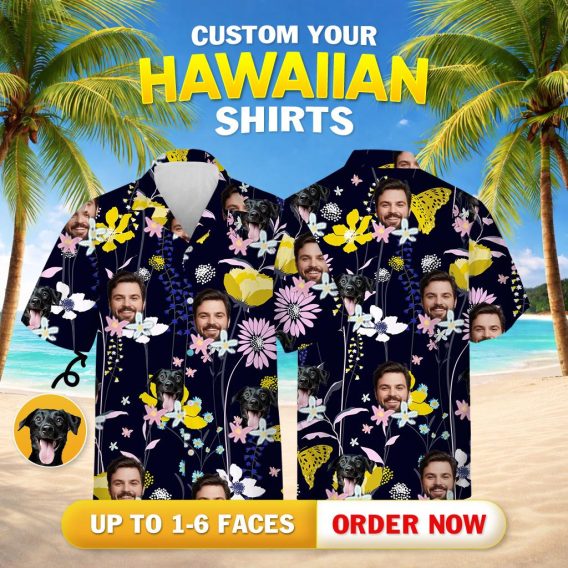 Mens tropical shirt with vibrant flowers, dog faces, human faces and a dark background